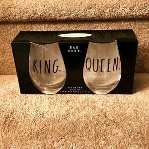 Rae Dunn Set of 2 Stemless Wine Glasses "King" & "Queen" NWT